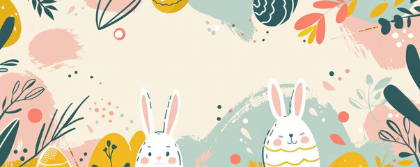 Sticker - Happy Easter background with cute hand drawn eggs, bunny and abstract shapes on a pastel background