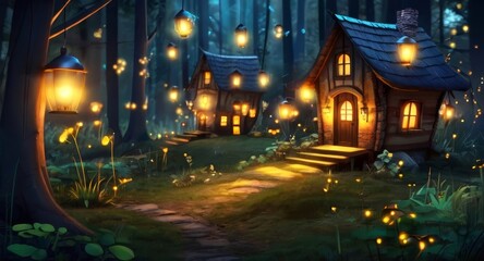 Enchanted forest with glowing lanterns and magical houses. Twinkling lights amidst the trees. Magical cottages. Concept of fantasy, fairy tale, and mystical adventure.