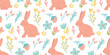 Cute pink rabbits and flowers. Cute seamless pattern in hand drawn style. Seamless pattern can be used for wallpapers, pattern fills, web page backgrounds, surface textures
