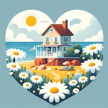 Cute House With A Yellow Heart On The Flowery Seashore