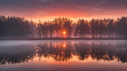 Crimson Horizon Serenity: Red Dawn Over Tranquil Lake