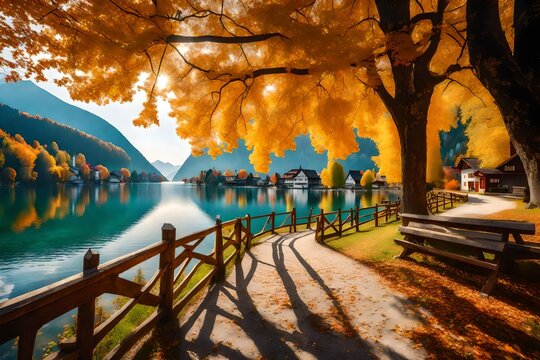 Gorgeous scenery of fall. Lovely, charming alleyway with vibrant trees next to the well-known Alpine Lake Grundlsee. scenic view of a sunny day in the woodland. breathtaking backdrop of nature