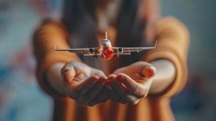 Woman holding airplane in hands. Travel insurance concept.