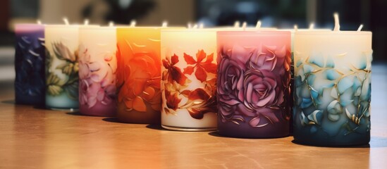 Canvas Print - A row of vibrant liquid purple candles are displayed on a wooden table, adding a touch of magenta to the events decor