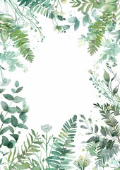 Wall Mural - Floral composition with copy space in center. Green leaves of eucalyptus, fern on white background.