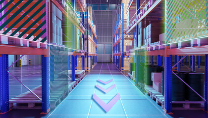 Poster - Warehouse through eyes of robot. Artificial vision for storage company. Robot recognizes loads on warehouse racks. Multi-tiered shelves with boxes and barrels. Warehouse automation. 3d image