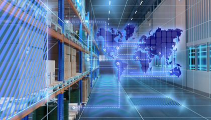 Poster - Warehouse through eyes of robot. Artificial vision for storage company. Robot recognizes loads on warehouse racks. Multi-tiered shelves with boxes and barrels. Warehouse automation. 3d image