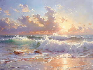 Wall Mural - seago style, plein air impressionism, wave breaking against rocky shoreline, golden hour lighting