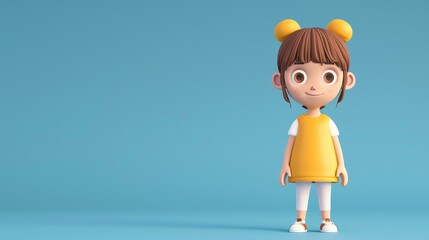 Wall Mural - Little girl with brown hair and freckles wearing a yellow dress and white leggings standing on a blue background.