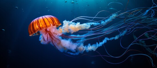 Poster - An electric blue jellyfish, a marine invertebrate, gracefully swims in the liquid depths of the ocean, showcasing the wonders of marine biology