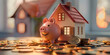Model house with piggy bank and coins money ,Home with piggy bank for money saving for house income and save cost concept.
