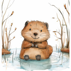 Cute, smiling, young brown beaver floating in a shallow river, children’s book illustration, watercolor style, white background