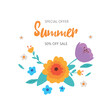 Summer sale vector banner with colorful flowers, special offer background. multicolored blooming flowers and leaves border. Spring summer botanical flat vector illustration on white background