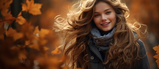 Wall Mural - A happy blond woman with layered hair is smiling in front of autumn leaves, enjoying a fun outdoor event. The picturesque landscape is covered in colorful foliage, adding to the joy of the moment