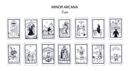 set of cups, in occult tarot cards deck. minor arcanas designs set with ace, knight, king, queen, pa