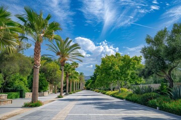 Canvas Print - A long, empty street with palm trees lining the sides