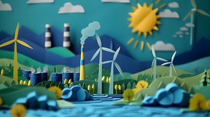 Illustration of renewable energy a paper cut-out transition from traditional energy sources to renewable energy and eco-friendliness and sustainability.