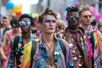 Group of friends with glitter and rainbow paint at pride parade, sunny day