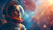 child girl in an astronaut costume. She is playing and dreaming of becoming a spaceman. background is a galaxy star. generative ai illustration.