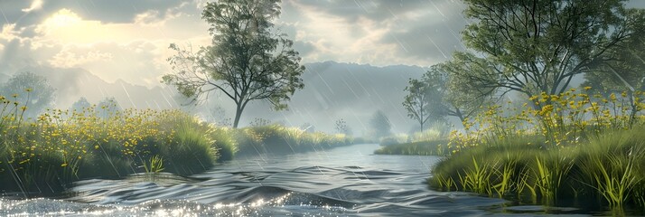 Poster - Serene Riverside Landscape with Lush Foliage and Tranquil Reflections in the Rippling Water under a Cloudy Sky