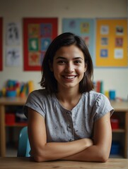 Wall Mural - Portrait of attractive young immigrant teacher woman kindergarten preschool classroom school daycare center background smiling from Generative AI