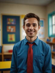 Wall Mural - Portrait of attractive young teacher man on kindergarten preschool classroom school daycare center background smiling from Generative AI