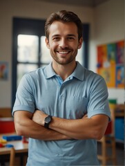 Wall Mural - Portrait of attractive young teacher man on kindergarten preschool classroom school daycare center background smiling from Generative AI