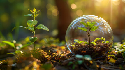 A small plant growing inside of glass sphere on the forest ground, sunlight and green nature background, ecology concept