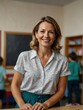 © Arceli - Portrait of middle aged caucasian teacher woman on kindergarten preschool classroom school daycare center background smiling from Generative AI