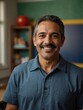 Portrait of middle aged hispanic teacher man on kindergarten preschool classroom school daycare center background smiling from Generative AI