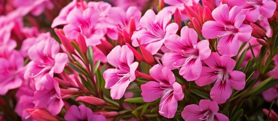 Canvas Print - A closeup photo of a bundle of pink petals with green leaves, showcasing a beautiful display of violet, magenta, and pink annual flowers. This terrestrial plant serves as a groundcover