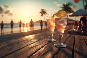 summer drinks in summer party at beach, summer and vacation concept