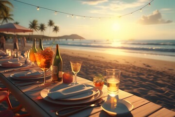 Wall Mural - summer food and drinks in summer party at beach, summer and vacation concept