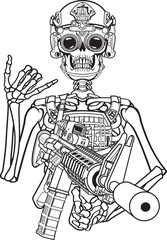 military Skeleton shows hand sign wearing military gear and holding assault rifle	