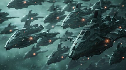 Space fighter jet fleet,fight ships battle in space.AI generated image.