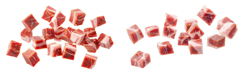 Set of Falling bacon cubes, diced smoked ham isolated on white background