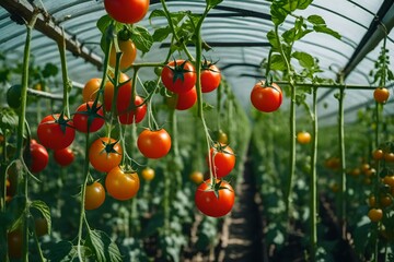 Wall Mural - Greenhouse to grow tomatoes - Tomatoes ripening on hanging stalk in greenhouse.