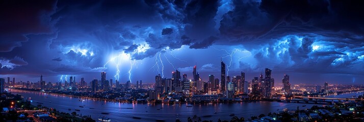 Mesmerizing nocturnal cityscape: vibrant skyline illuminated by dazzling lightning bolts