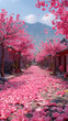 Tunnel of flowering trees in spring. Blooming sakura trees in the park in spring. Pink sakura flowers bloomed in spring.