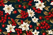 Christmas Seamless Vector Background In The Style Of An Old Painting, Featuring Red Berries And White And Gold Poinsettia Flowers.