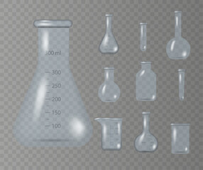 Realistic lab beaker, glass flask and other chemical containers, 3D measuring medical equipment isolated on transparent background. Empty chemical laboratory equipment in realistic style. Vector.
