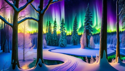 Wall Mural - Visualize the northern lights dancing over a snow-covered landscape. This scene could include a frozen lake, pine trees weighed down with snow, and the vibrant colors. AI Generated