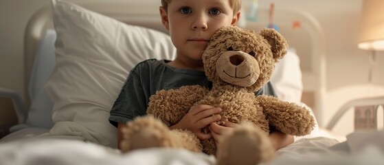 Canvas Print - Child holding a teddy bear in hospital bed, comfort, soft lighting. 