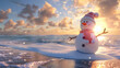 a snowman lounges on a sun-drenched beach, soaking up the warmth of summer amidst a backdrop of golden sands and azure waves