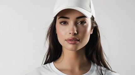 Poster - Stylish young woman in a white cap and t-shirt posing against a light background. Modern casual fashion portrait. Perfect for lifestyle branding. AI