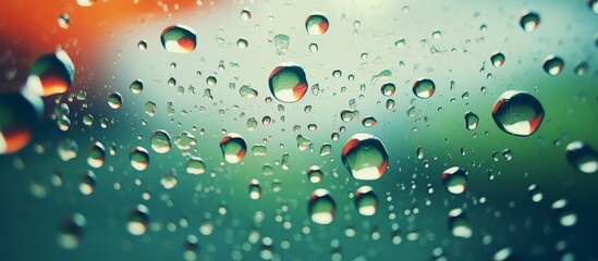 Poster - Water drops accumulated on a window surface resemble a series of circular liquid formations, forming a pattern of moisture droplets