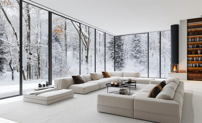 Wall Mural - A large living room with a fireplace and a view of the snow-covered trees. The room is filled with white furniture, including a couch, a chair, and a coffee table