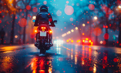 Wall Mural - A motorcycle rider is riding down a wet road at night. The scene is illuminated by the headlights of the motorcycle and other vehicles on the road.