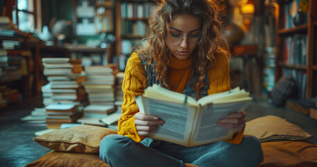 Wall Mural - A young woman is sitting on a pillow reading a book. The room is filled with books, and the woman is enjoying her reading time