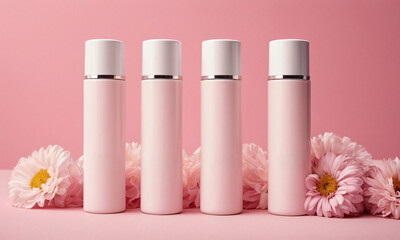 Wall Mural - Advertisement of blank beauty cosmetic bottles with skin care for face or body on pastel pink background with beautiful flowers. Mock up of floral showcase with hygienic product presentation. 